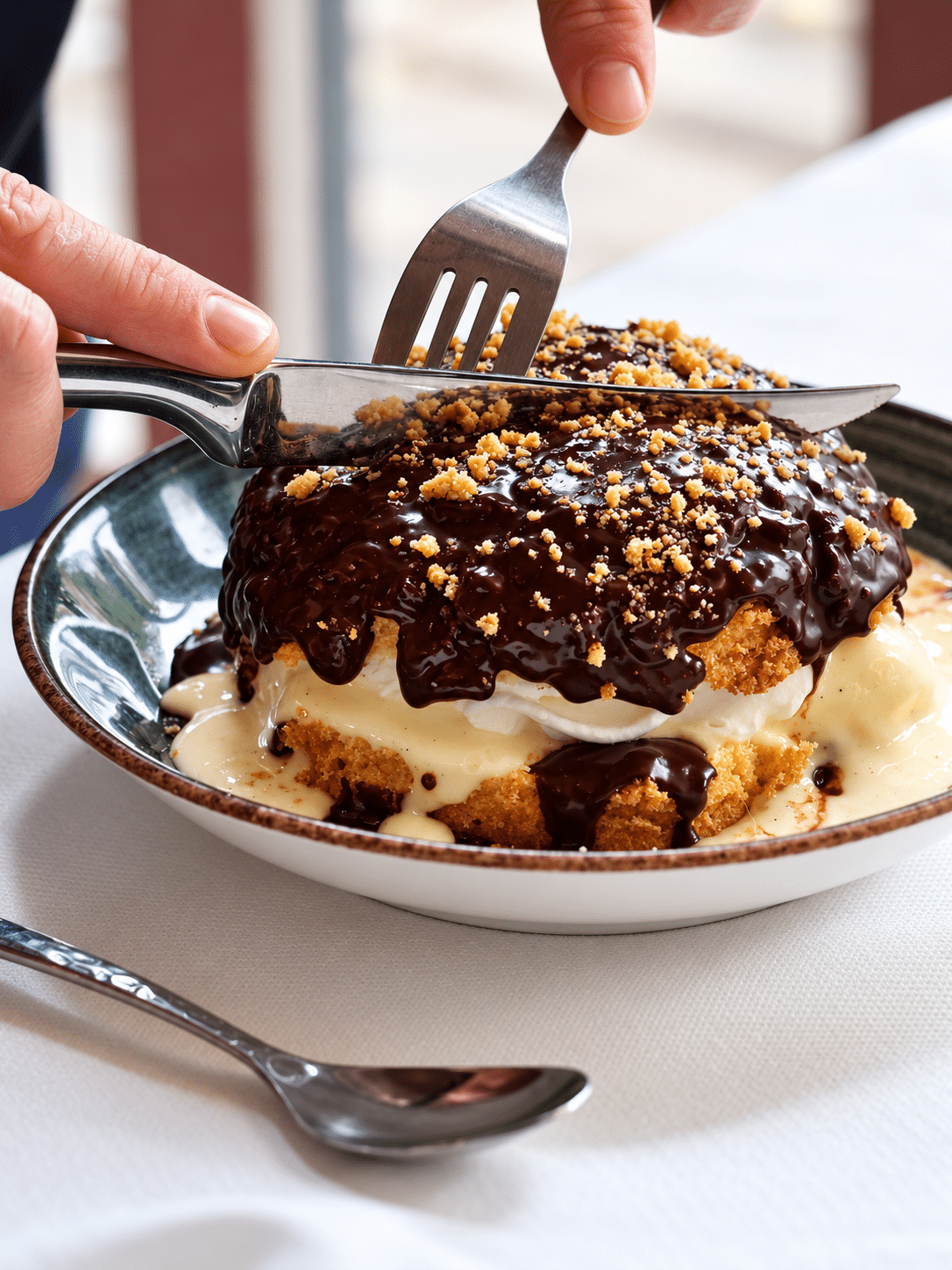 Profiterole à la glace vanille, chocolat chaud et crumble de noisettes au Buré à Tours